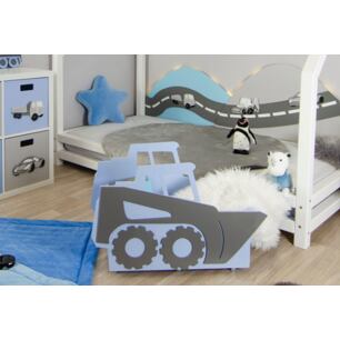 Dřevěný pojízdný box na hračky - bagr Bob Cat, 60 cm, modrý/šedý