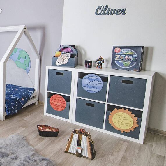 Sada 6 ks dřevěných boxů s planetami Neptun, Slunce, Mars- do Kallax regálu, tm.modrá