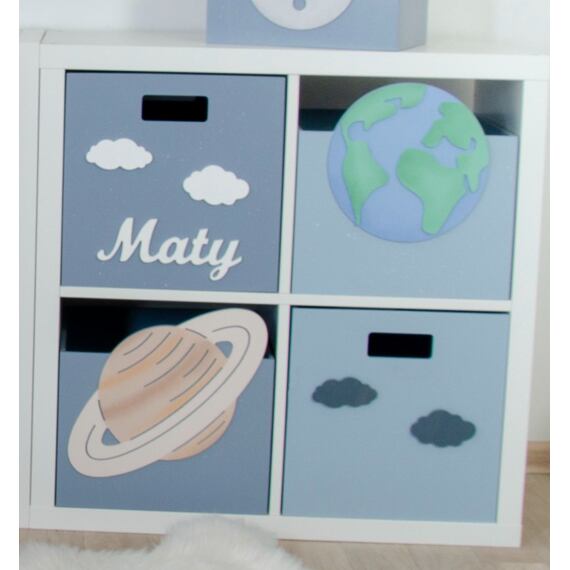 Sada 4 ks dřevěných boxů s planetami Saturn, Země a s obláčky - do Kallax regálu, modrá