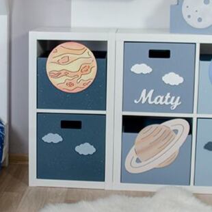 Sada 4 ks dřevěných boxů s planetami Venuše, Saturn a s obláčky - do Kallax regálu, modrá
