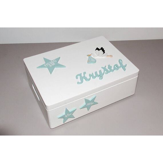 Dřevěný úložný box s hvězdičkami, se jménem a čápem, mint