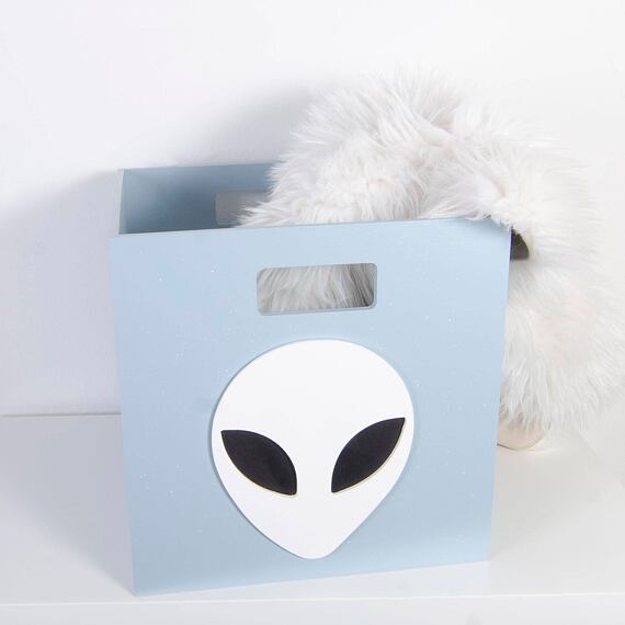 Dřevěný box s mimozemšťanem - UFO, do Kallax regálu, sv.modrý