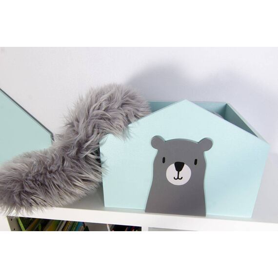 Dřevěný domečkový box - domeček s medvídkem, do Kallax regálu, mint/tm.šedý